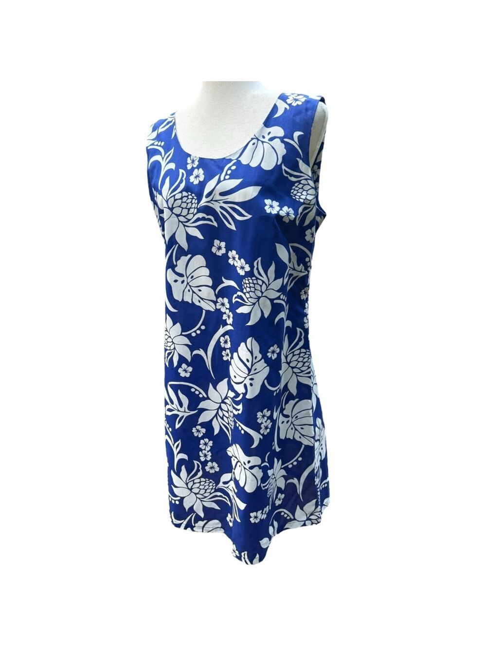 Vintage Shannon Marie Hawaiian Dress Blue White Floral Tropical Resort Cruise L